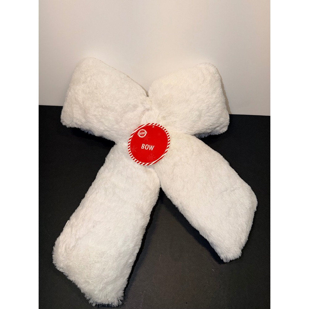 New Holiday Time White Faux Fur Christmas House Bow Decoration Plush 16"